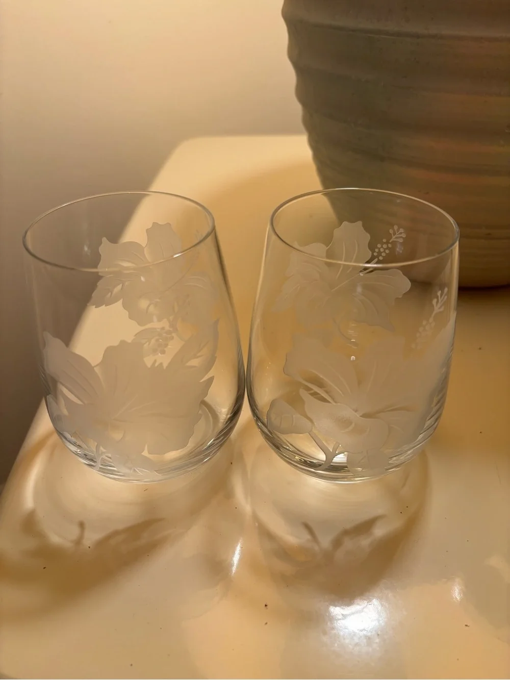 Etched Floral Stemless Wine Glasses - Set of 2, Clear